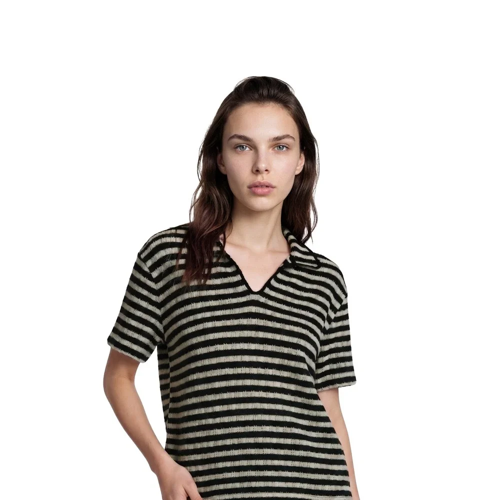 Madewell Polo Sweater Women's Size Medium Black White Striped V Neck Knit Top